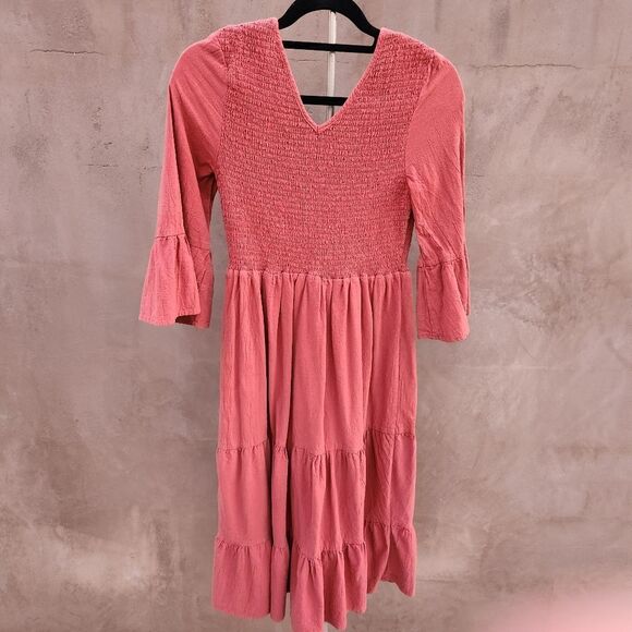 Loveriche shirred bodice ruffle midi dress rust/ brick red colored - Picture 1 of 10